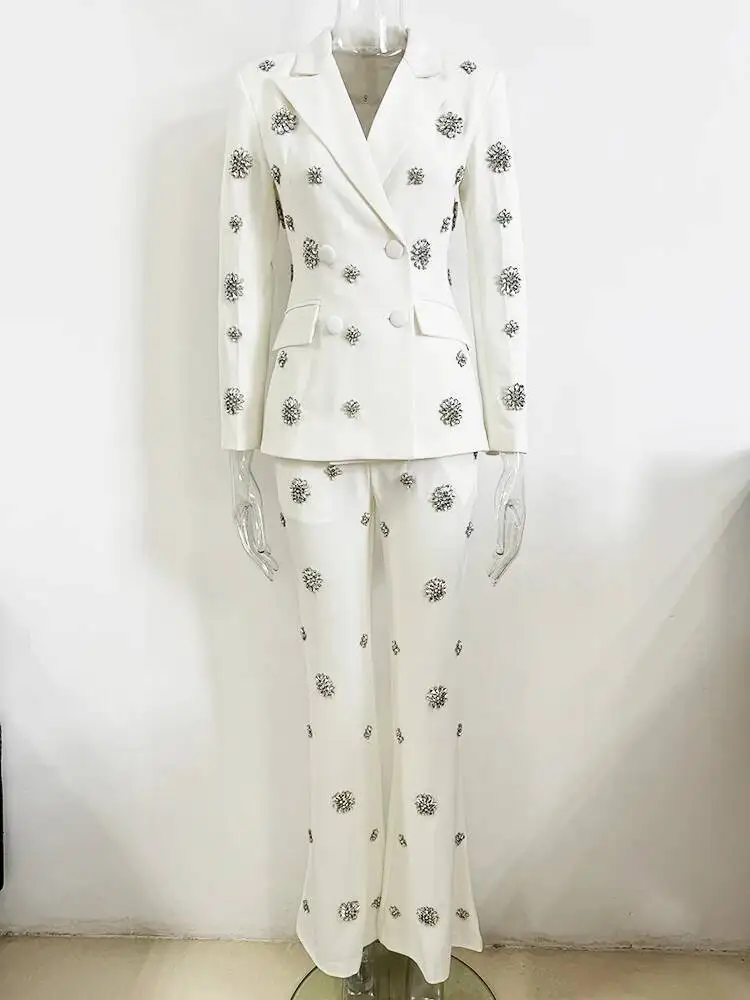 HIGH STREET Newest Fashion Designer Set Women's Luxurious Rhinestone Diamonds Beaded Blazer Flare Pants Suit 2Pcs