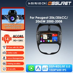 2din Android 14 Car Radio for PEUGEOT 206 206CC 206SW 2000-2008 Auto Multimedia Video Player Navigation GPS Autoradio Carplay 4G