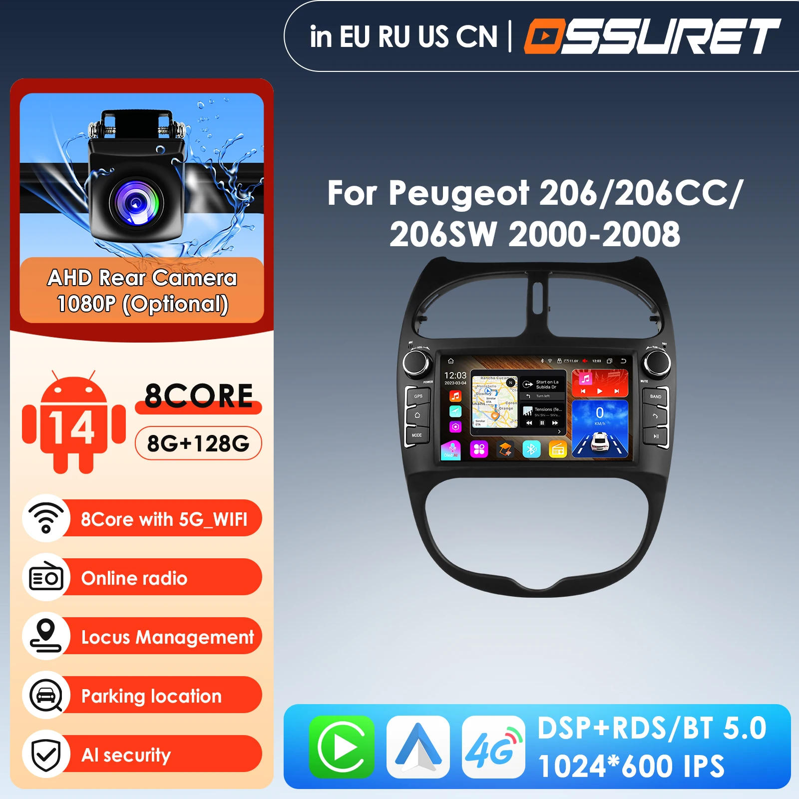 2din Android 14 Car Radio for PEUGEOT 206 206CC 206SW 2000-2008 Auto Multimedia Video Player Navigation GPS Autoradio Carplay 4G