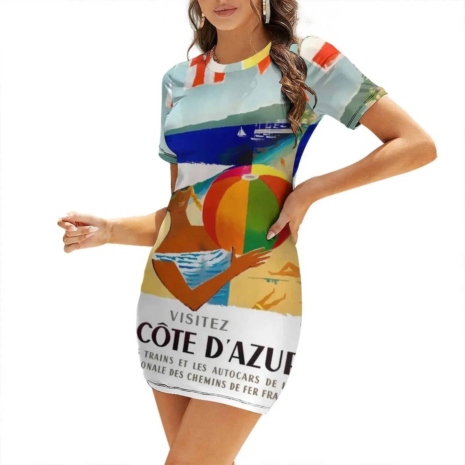 

1957 Visitez La Cote D’Azur French Travel Poster Short-Sleeved Dress evening dress woman prom dress