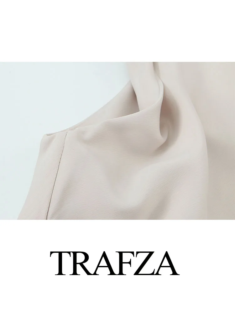 TRAFZA 2024 Women Summer Fashion Silk Satin Textured Dress Crew Neck Sleeveless Dew Shoulder Waist Pleated Sexy Dress Vestidos