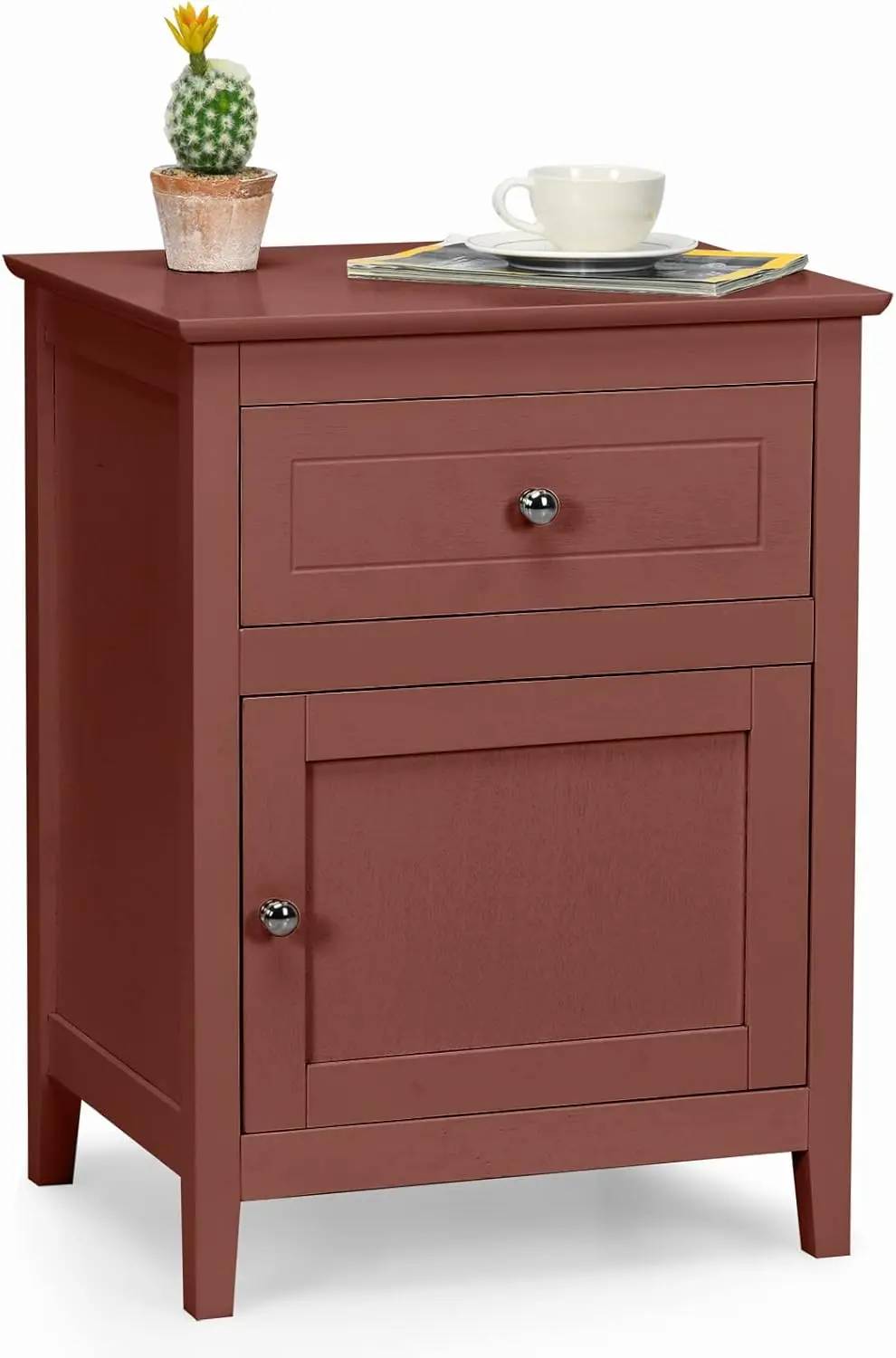 

Nightstand, Wooden Bedside Table with Drawer and Storage Cabinet, 4 Solid Wood Legs, End Side Table for Living Room