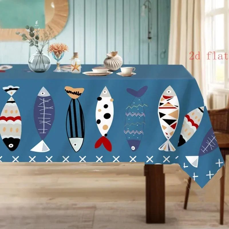 2D planar single piece - Single piece retro ocean-themed tablecloth - Bright blue sand eel and nautical patterns, yzb