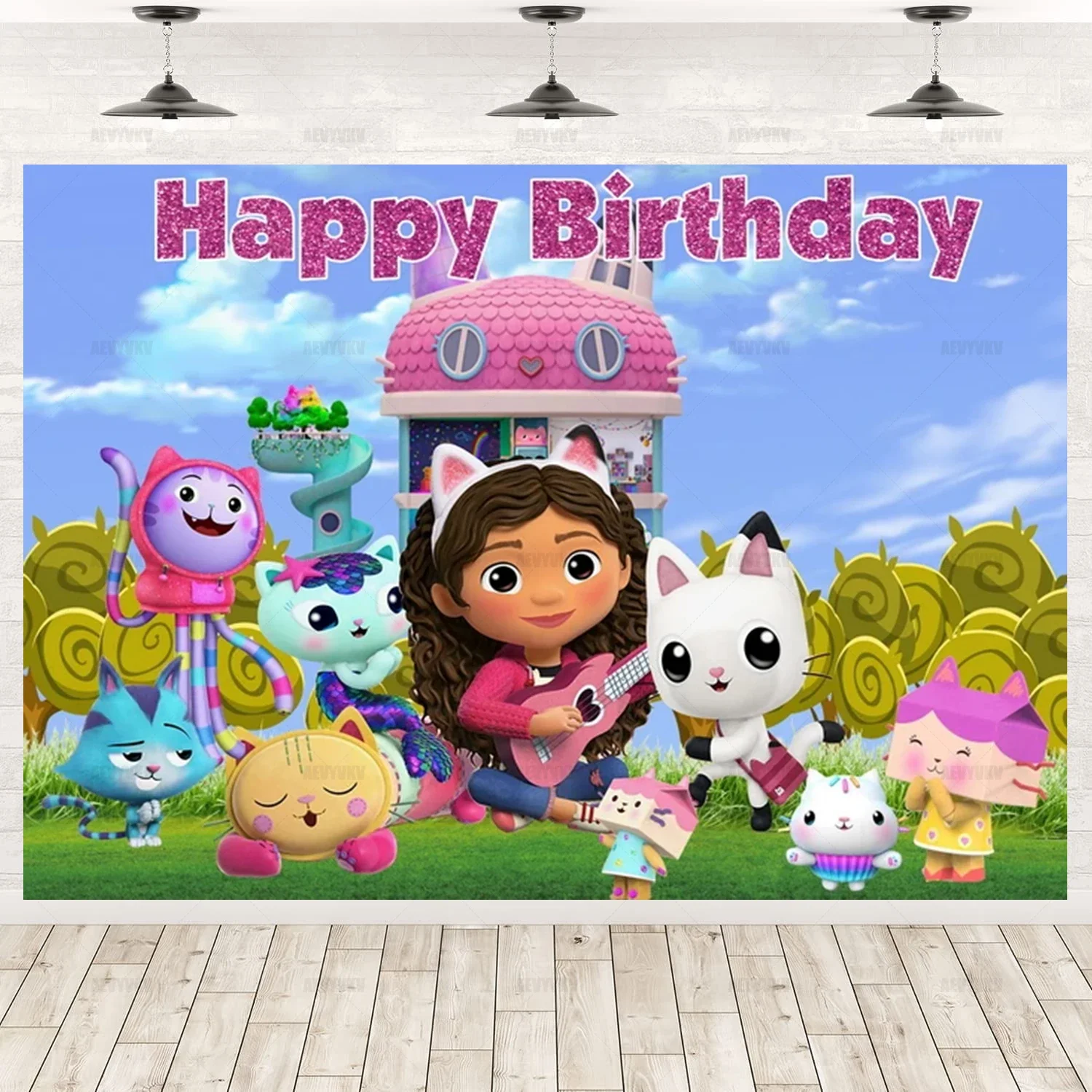 

Gabbys Dollhouse Backdrop Kids Birthday Party Decoration Baby Shower Photography Background with Balloon Arch Rainbow Props