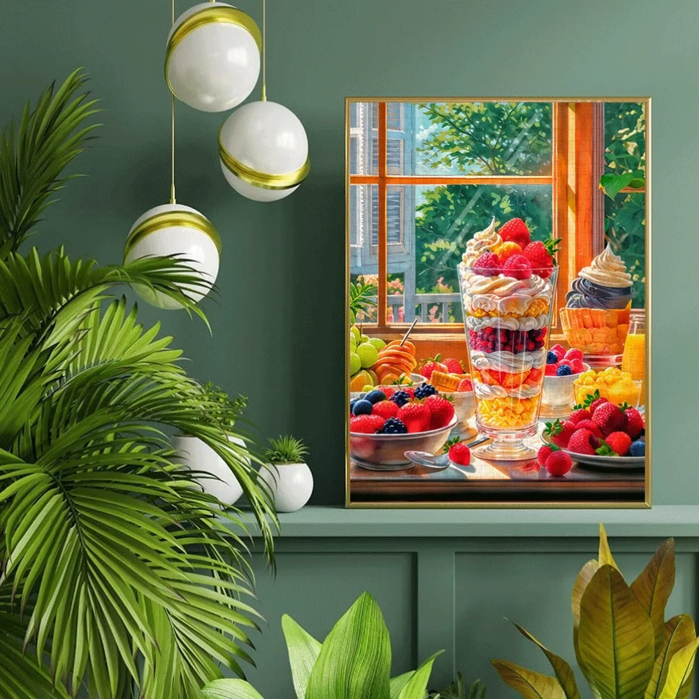 

1000 шт. пазл-фруктовый десерт с видом на окно с многослойными десертами, ягодами и фруктами цитрусовых, яркая сцена натюрморта для