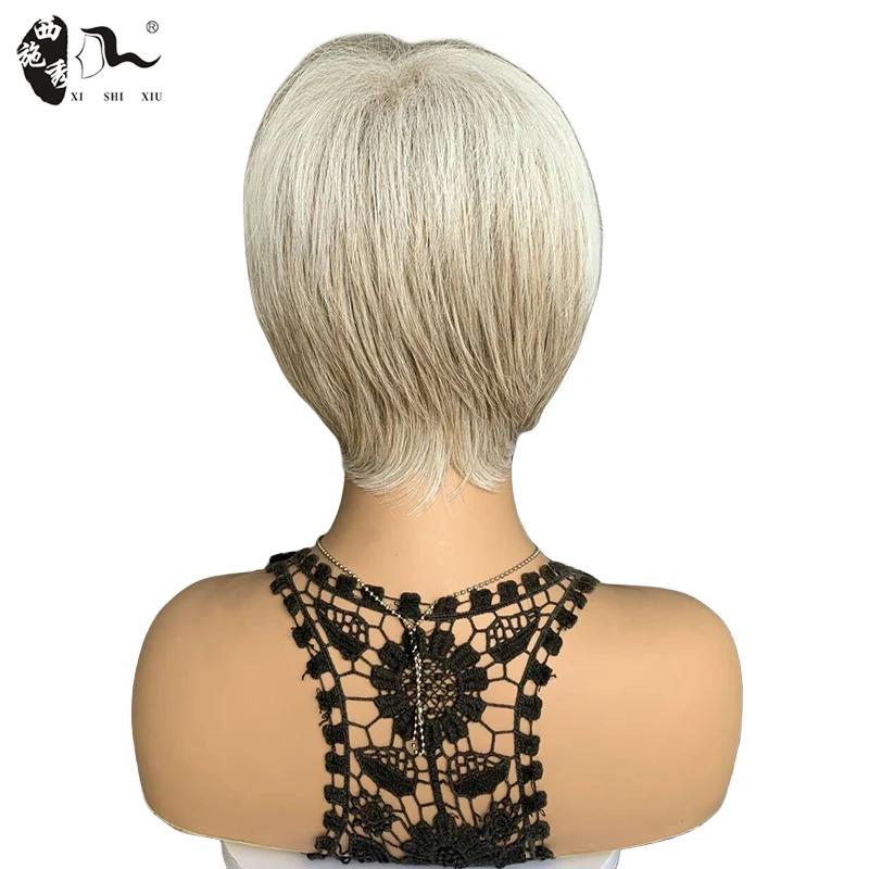 Short Mixed White Straight Hair Wigs For Women Pixie Cut Layered Wig With Bangs Synthetic Hair Wigs Cosplay Halloween Daily Wigs