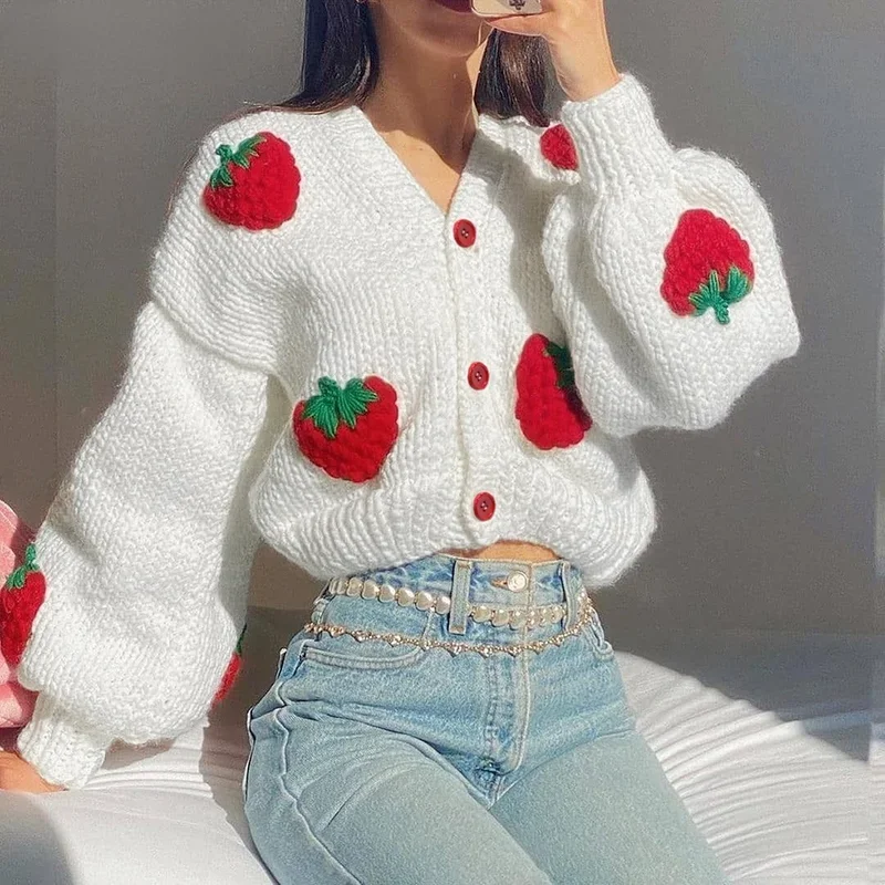 

Cute Strawberry Knitted Long Sleeve Loose Single-breasted V-neck Fall Fashion Thicken Warm Knit Cardigan Sweater Streetwear