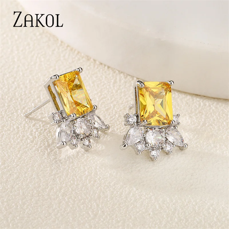 ZAKOL Korean Fashion Yellow Stud Earrings for Women Rectangle Cubic Zirconia Earring Bridal Wedding Jewelry Aretes De Mujer