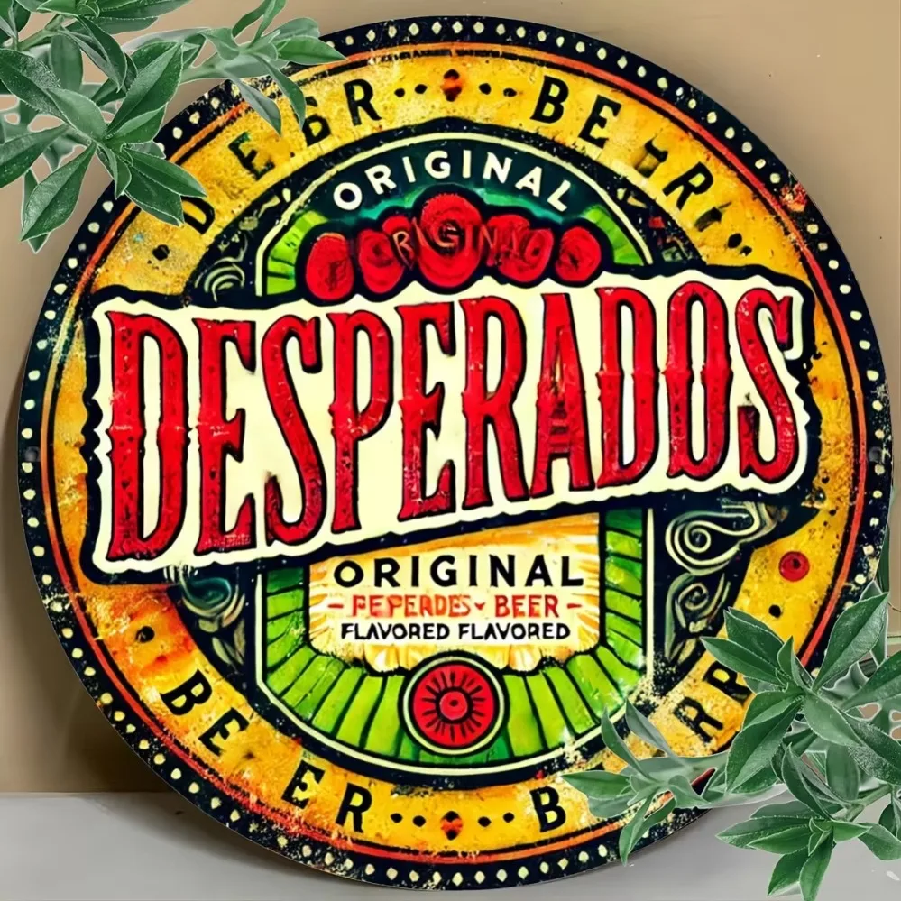 Letrero de metal de cerveza Desperados vintage, arte de pared de aluminio redondo de 8x8", diseño floral vibrante para bar y hogar