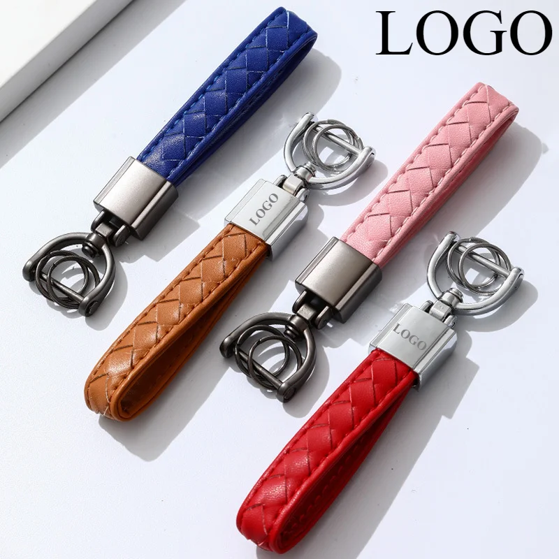 

Custom Logo Genuine Braid Leather Keychain Car Accessory Metal Weaving High-end Keyring Laser Engrave Vintage Key Chain Holder