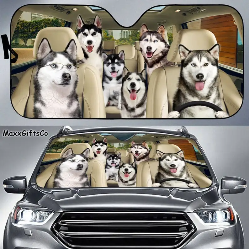 Siberian Husky Car Sun Shade, Siberian Husky Windshield, Siberian Husky Family Sunshade, Dog Car Accessories, Car Decoration, Gi