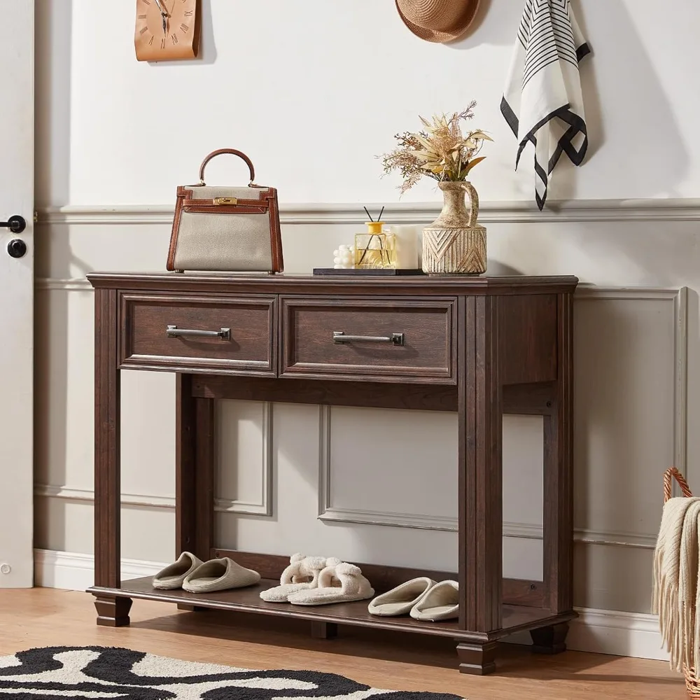 Rustic Wooden 2-Drawer Console Table with Open Shelf, Large Mid-Century Entryway Storage Furniture