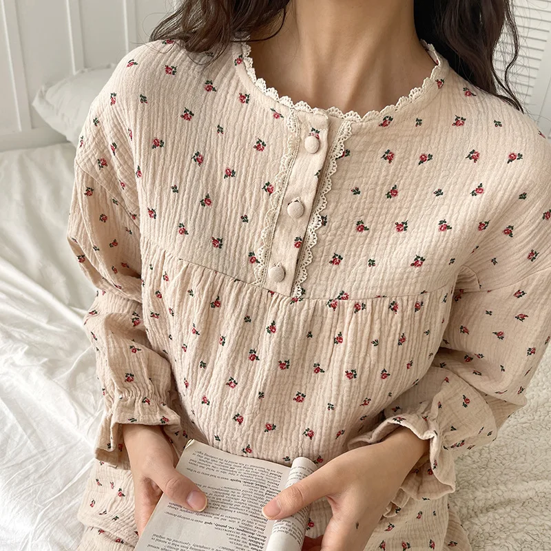 Frühling und Herbst Pyjama aus reiner Baumwolle Damen Rundhals ausschnitt Crêpe Stoff mit Rose Edge Home Kleidung Langarm Hosen Set weiblich