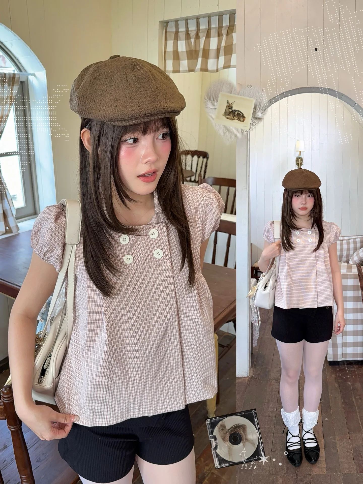 Women's Casual Preppy Top Pink Gingham Embellished Peter Pan Collar Puff Sleeve Double Breasted Blouse 2026
