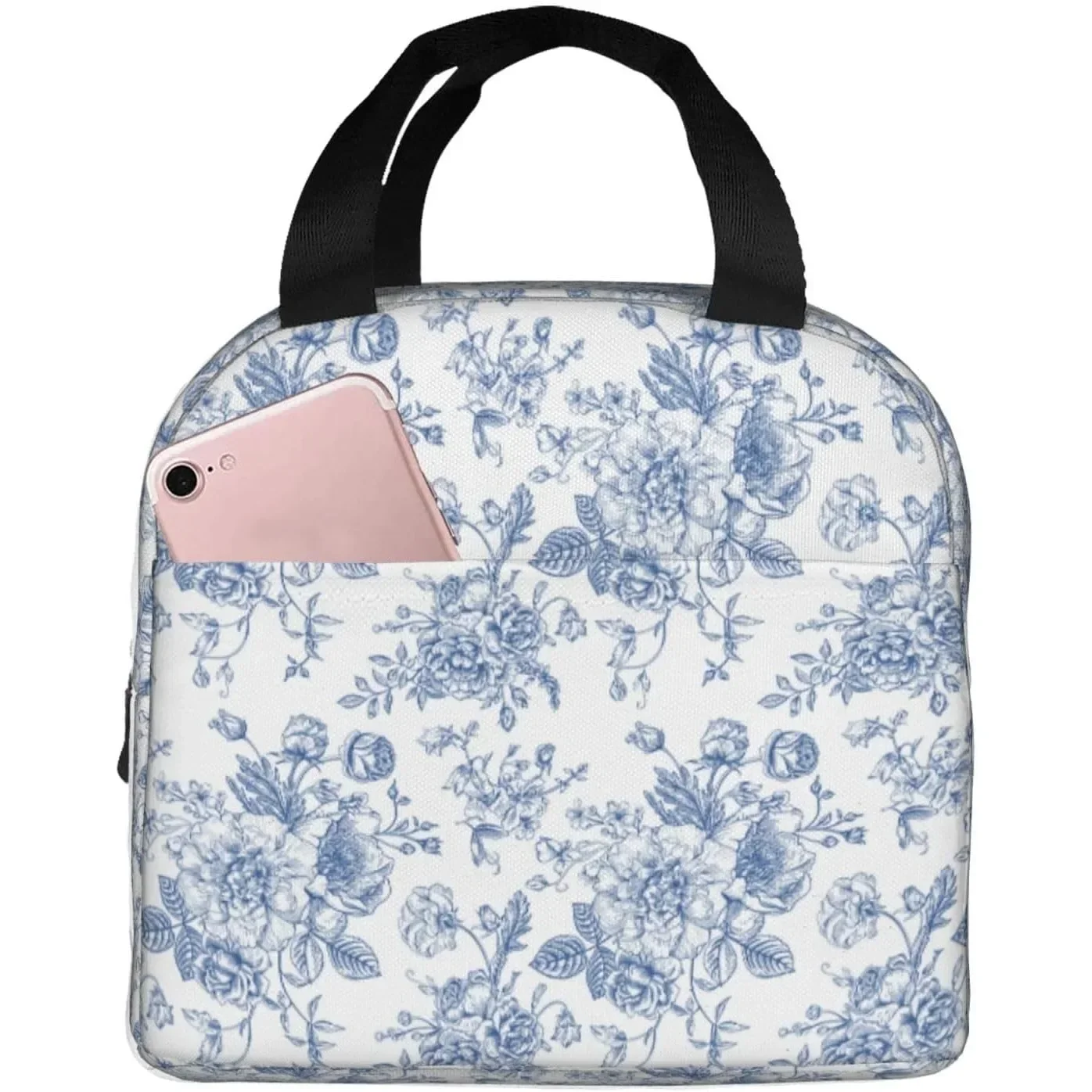 Floral light blue and white Flowers Insulated Lunch Bag Women Men Adult Lunch Box Tote Bags Cooler Bag Portable Bento Box