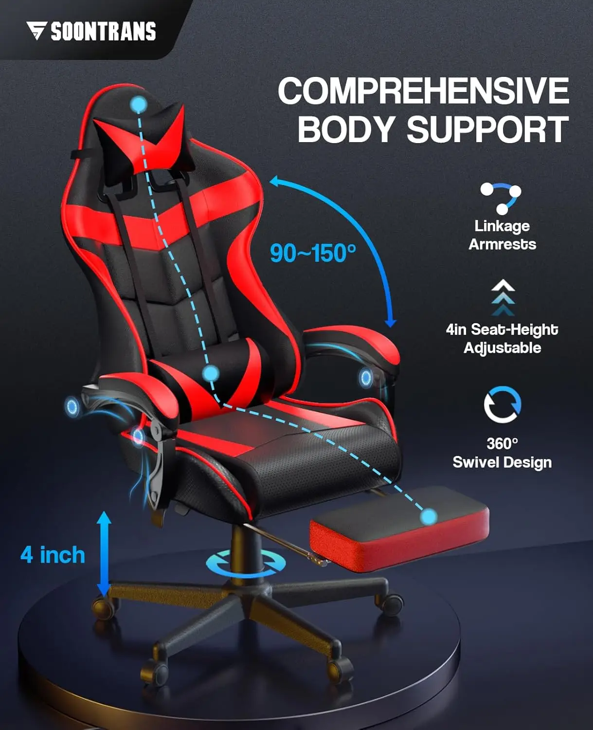 Soontrans rote Gaming-Stühle mit Fuß stütze, Rennspiel stuhl, Computer-Gamer-Stuhl, ergonomischer Spiels tuhl mit verstellbarer Kopfstütze