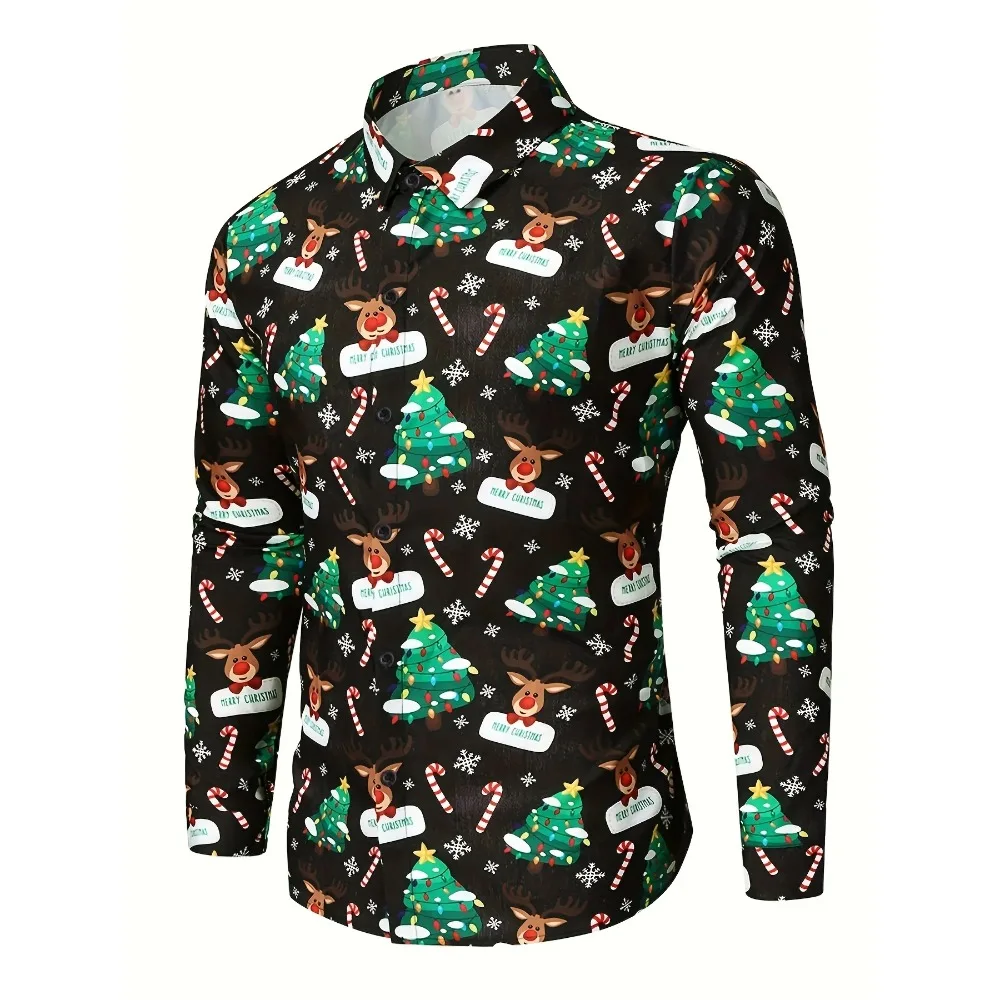 Men's Christmas Fashion Cartoon Illustrated Dress Shirt, Long Sleeved Button-Down Lapel Shirt For Casual Going Out And Party