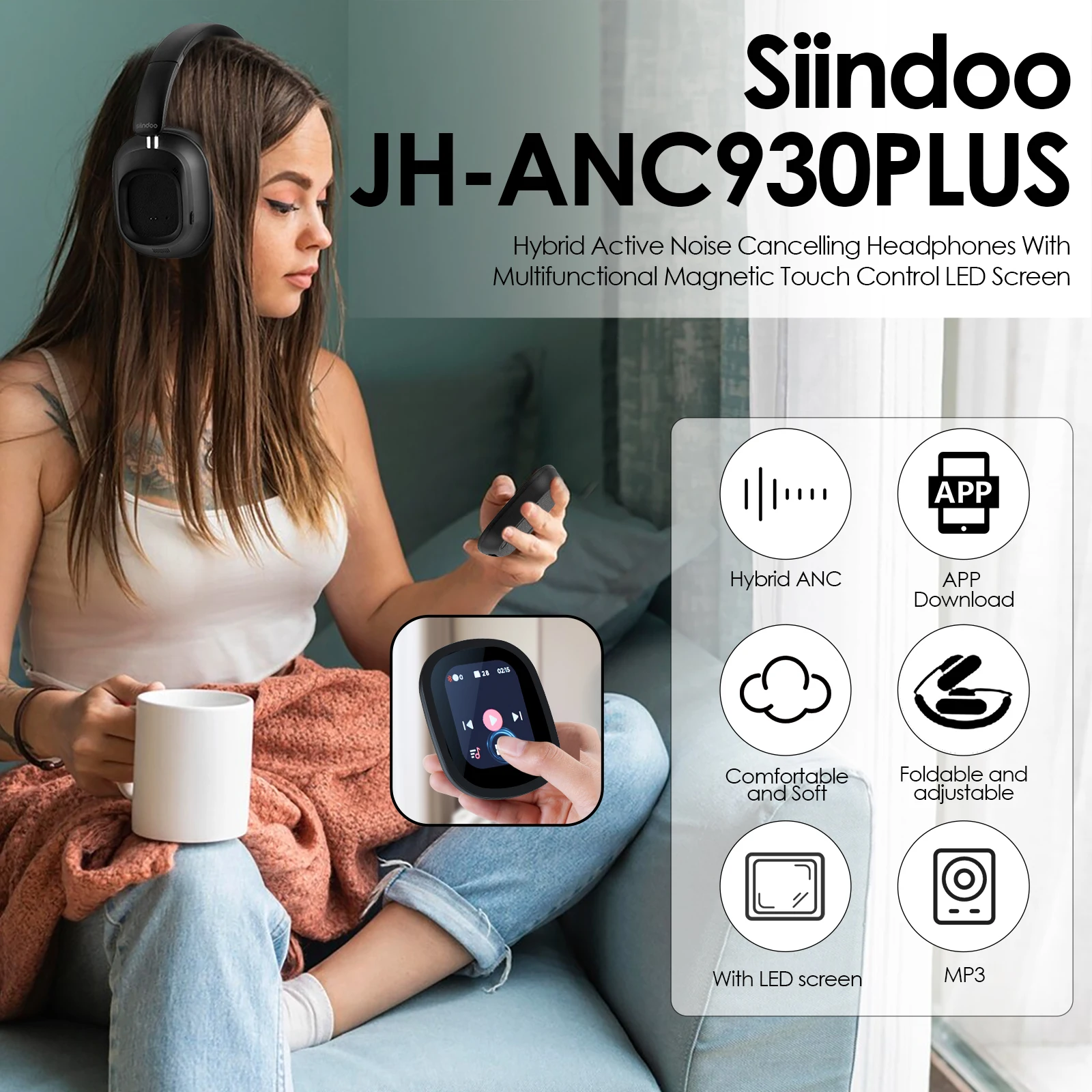 Siindoo NEWEST ANC930Plus Hybrid ANC Wireless Headphone, With Multi Magnetic Touch Control LED Screen AND APP Download 1GB MP3