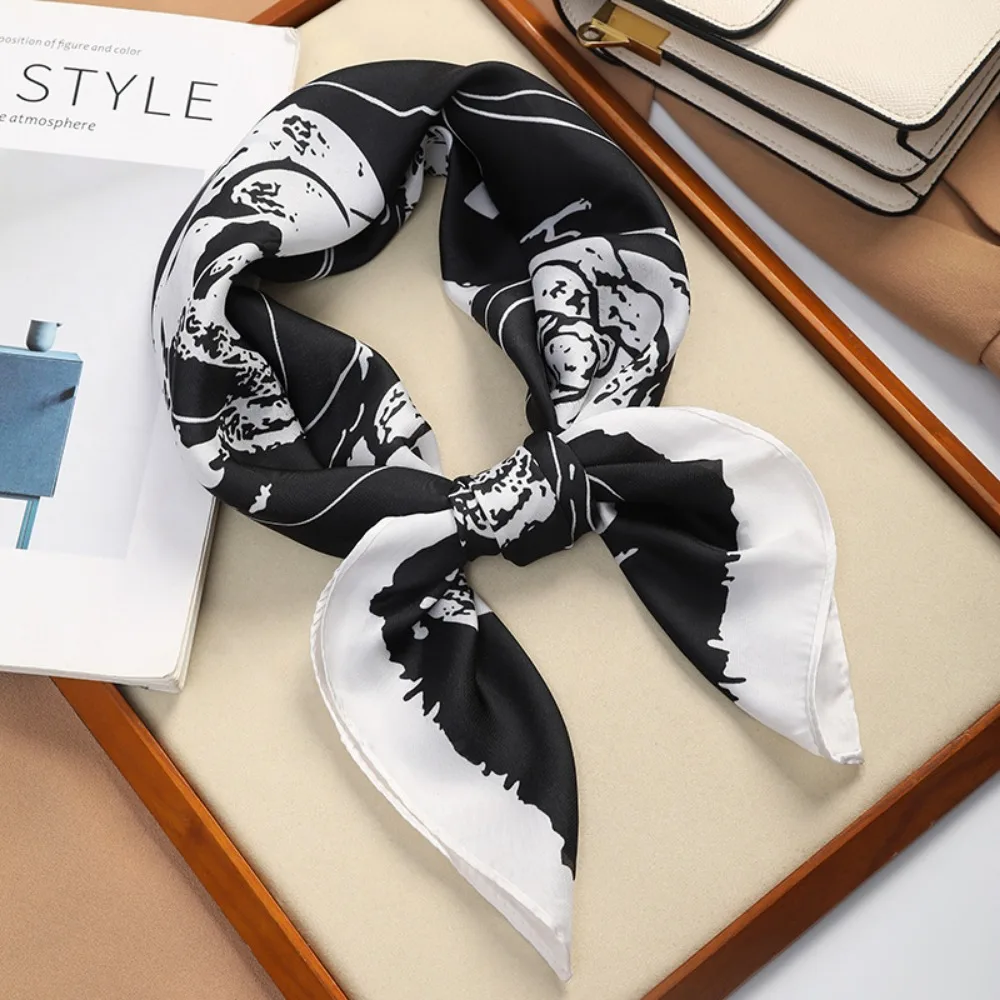 

Trendy Square Silk Scarf Double Sides Black White Head Handkerchief Stripes Dots Flower 70*70cm Hair Scarf Gift