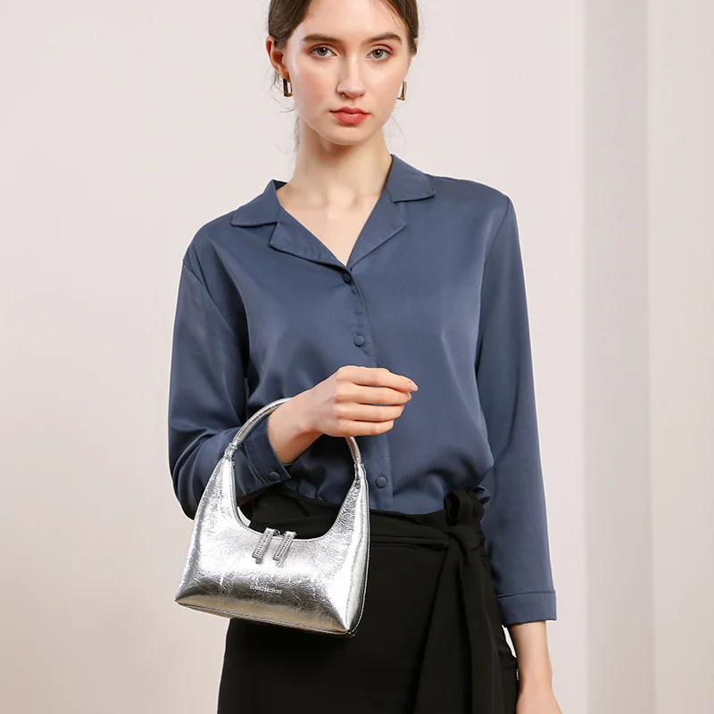 Donna-in Women Silver Handbag Split Leathe Texture Zipper Underarm Bag for Evening Party Female Mini Half Moon Bag