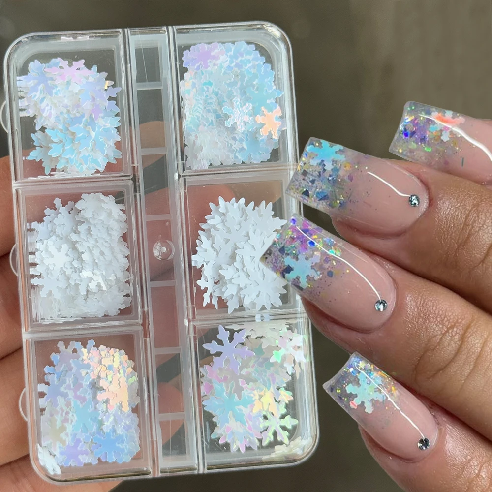 

1Box Christmas Snowflake Nail Glitter Flakes Charms 3D Laser Holographic Aurora White Snowflake Nail Sequins Xmas Nail Supplies#