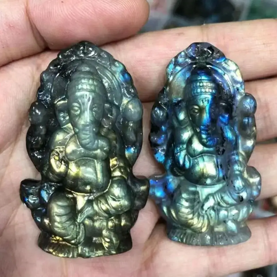 

Natural Labradorite Crystal Carved Elephant God Ganesha Statue for Home Decoration Gift