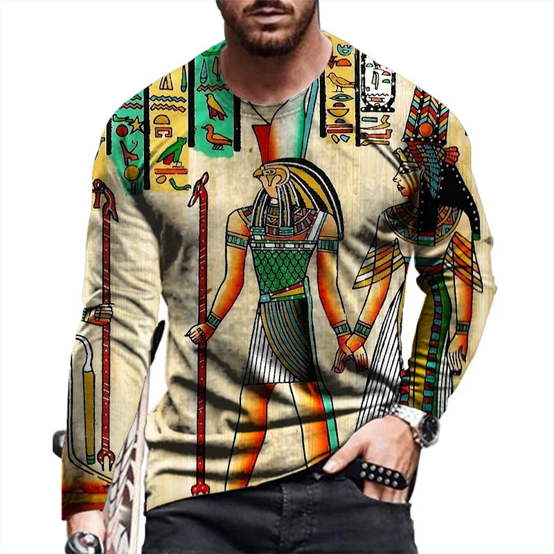 

Egyptian Hieroglyphs Pattern T Shirt For Men Vintage 3D Printed Tees Summer Casual Long Sleeves Loose T-Shirts Round Neck Tops
