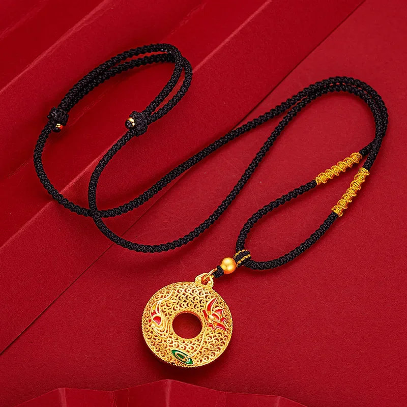 9999 Real Gold 24K Carp Play Lotus Pendant Ancient Silk Hollow Enamel Color Lotus Fish Safety Buckle