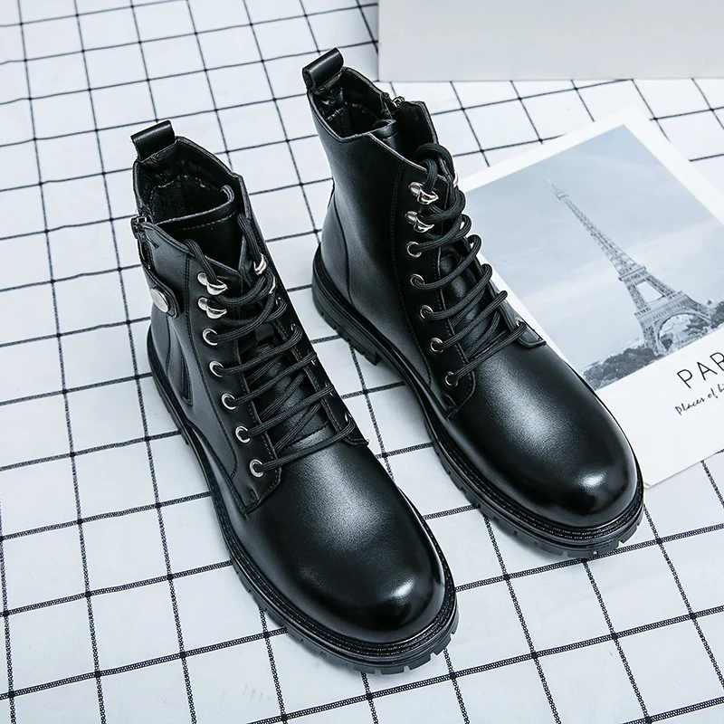 Lederstiefel für Herren im britischen Stil 2023 Frühling Herbst High Top Vintage Tooling schwarze Motorrads tiefel