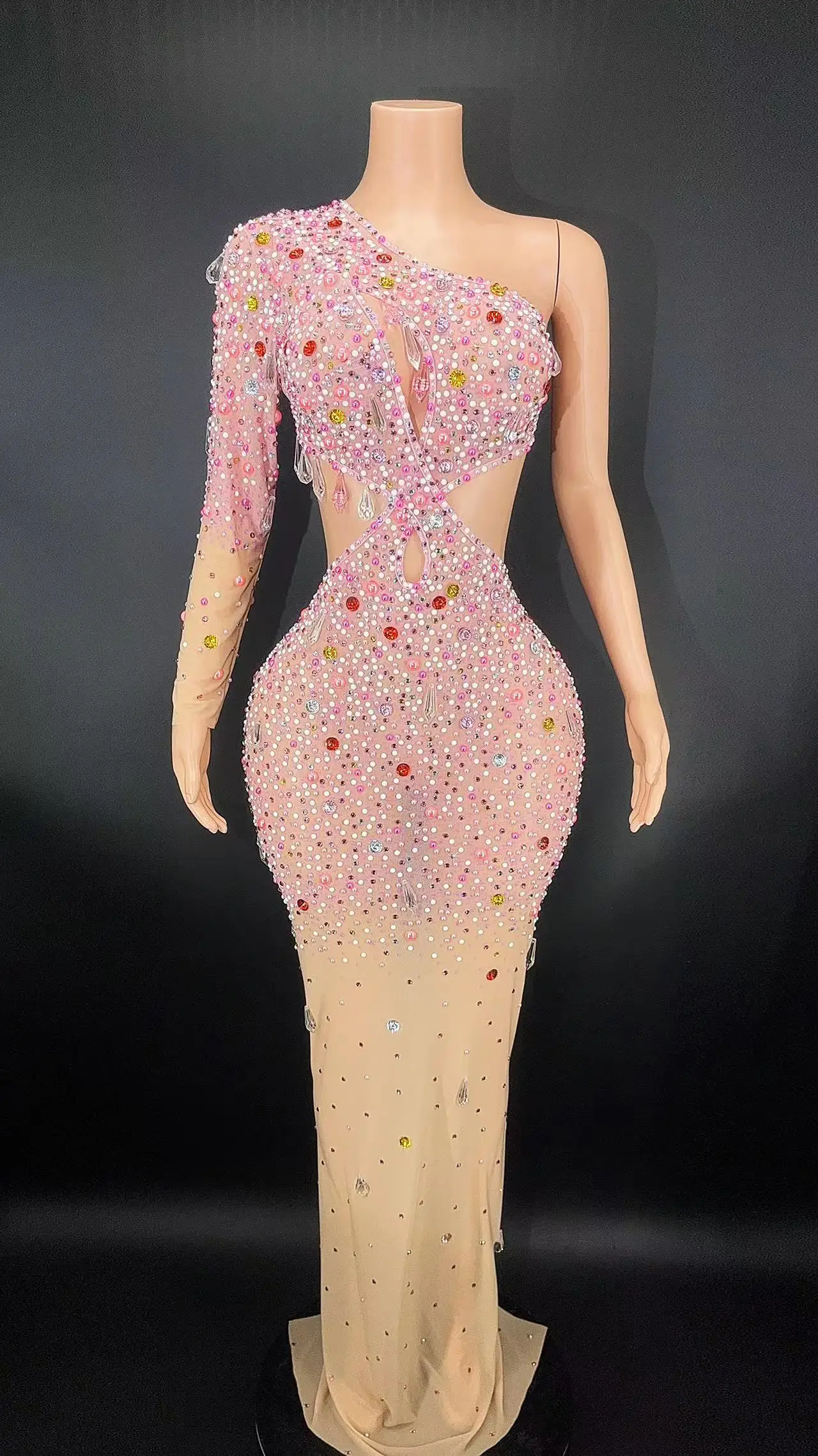 Flashing Rhinestone One Sleeve Transparent Dress Birthday Evening Show Long Dress Prom Dancer Sexy See Through Crystals Costume