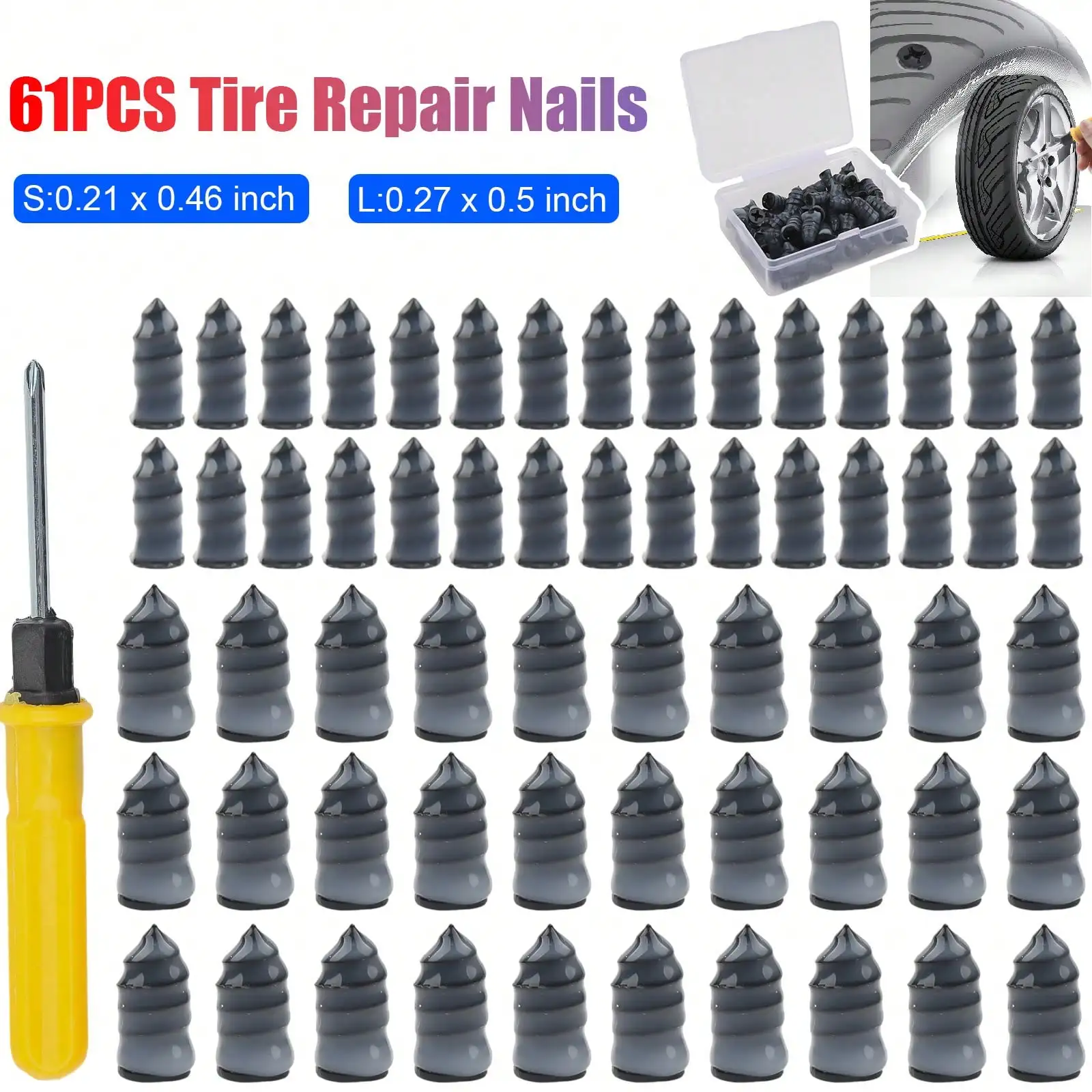 61Pcs Quick Car Tire Repair Set: Vacuum Rubber Nails & Screwdriver Tool Kit