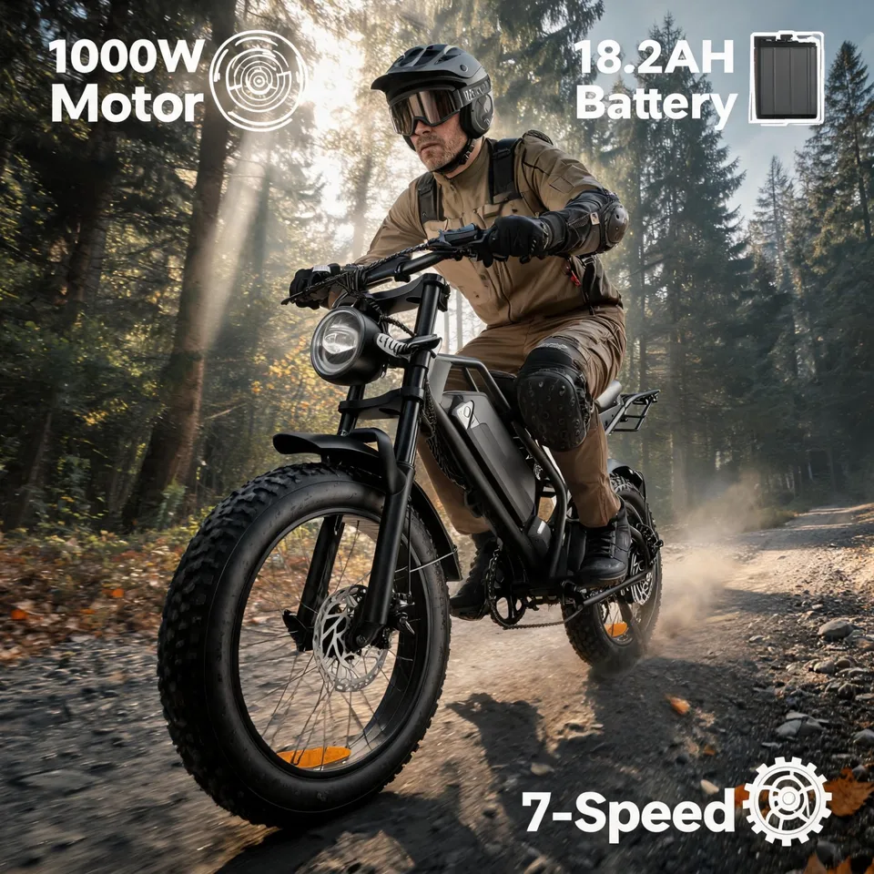 20" Fat Tire Ebike with Throttle for Backyard Trip,1000W High‑Torque Motor 48V 18.2Ah Long‑Range Off‑Road Ebike,Shimano 7‑Speed,Hydraulic Disc Brake,Aluminum Stem & Handlebar,Front Turn Signal,USA Stock Fast Shipping Anniversary Gift