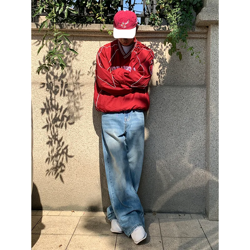 

American Retro Washed out Wide Leg Jeans Loose Straight Cut Cityboy Japanese Style Draping Pants Long Trousers mid Waist Zipp...