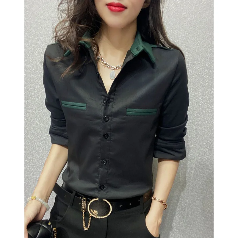 Fashion Lapel Button Spliced Loose Korean Shirt Women Clothing 2023 Spring Summer New Casual Tops All-match Office Lady Blouse