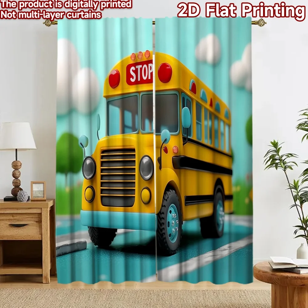 2D flat 2pcs Curtain Modern Minimalist Style Curtains Yellow School Bus Digitally printed polyester Party & Holiday Decor for