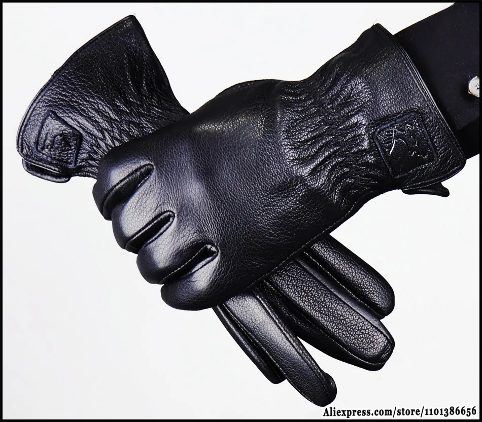 Hochwertige Herren-Lederhandschuhe, Hirschleder-Textur-Ziegenlederhandschuhe, winterwarme Flanellwolle, die mit dünnen und dicken Lederhandschuhen gestrickt ist, Fahrrad- und Fahrlederhandschuhe – Detail 9