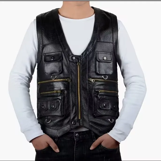 2023 New gentlement leather vest male slim commercial male leather vest sheepskin leather men vest waistcoat with many pockets