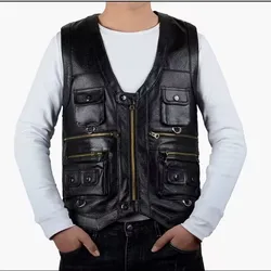 2023 New gentlement leather vest male slim commercial male leather vest sheepskin leather men vest waistcoat with many pockets