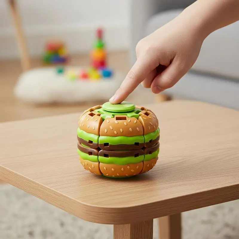 Hamburger Rotating Stress Ball Quiet Food Shaped Fidget Toy Calm Anxiety for Autism ADHD Kids School Use