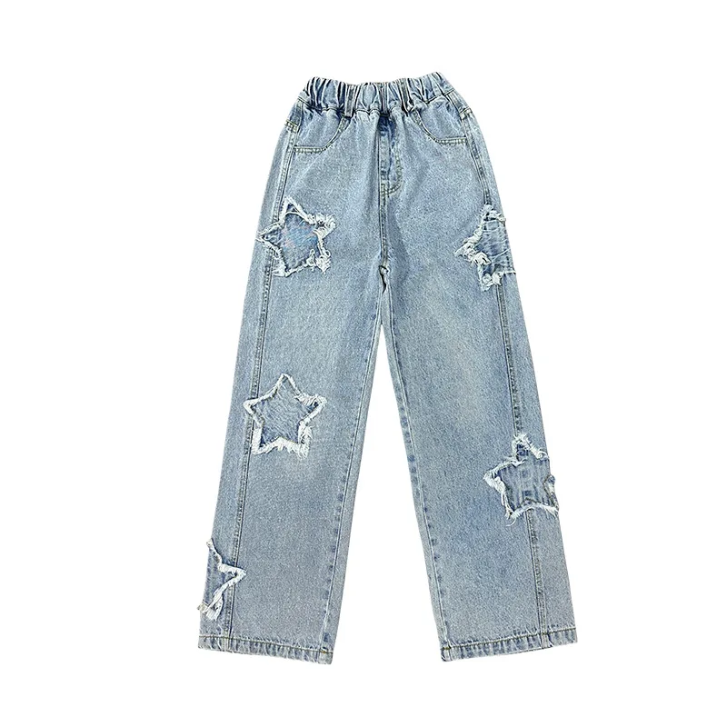 New Fashion Teenager Girls Denim Wide Leg Pants Children Trousers Spring Autumn Star Pattern Girls Jeans 5-14 Years Kids Clothes