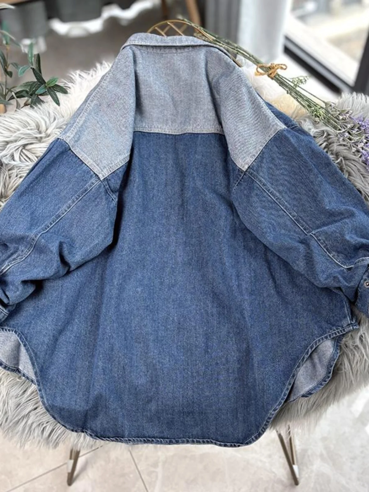 Spring Autumn Design Feel Loose Color Blocked Long Sleeved Denim Shirt Washed Top Coat MCP014