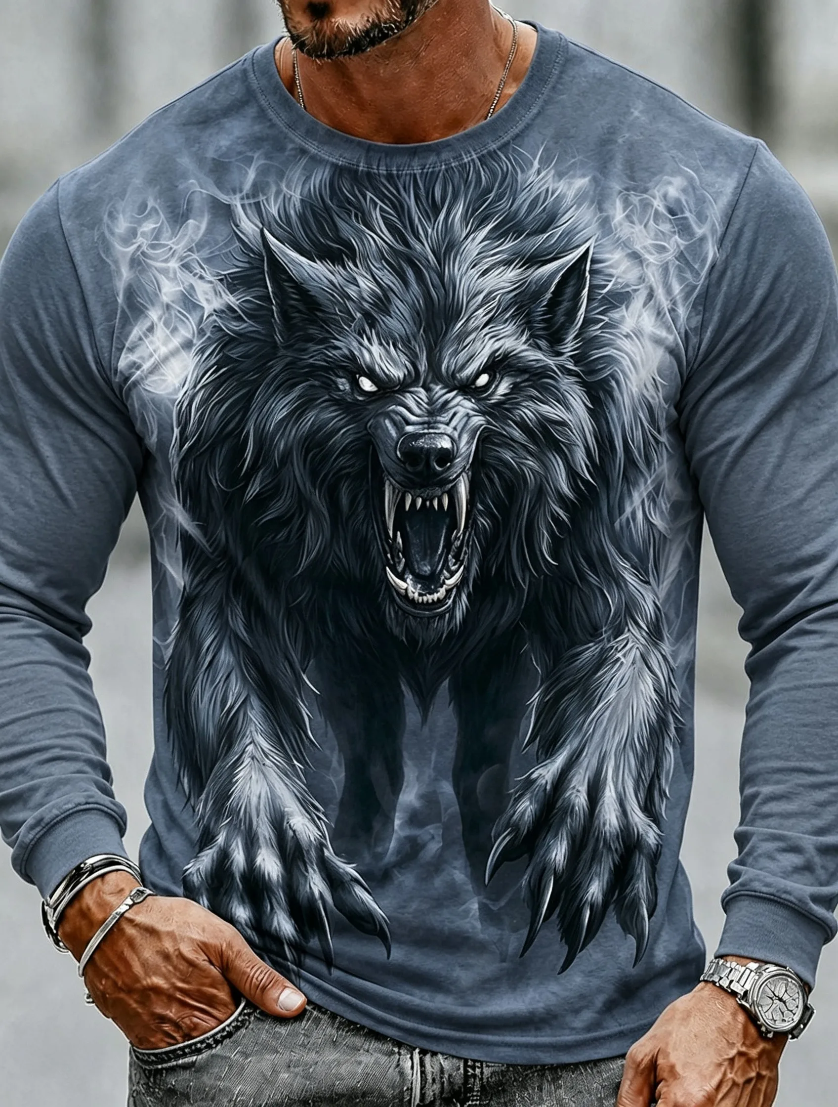 Men's Long Sleeve T-Shirt Halloween Werewolf Pumpkin Skull Full Moon 3D Print Crew Neck Casual Tops