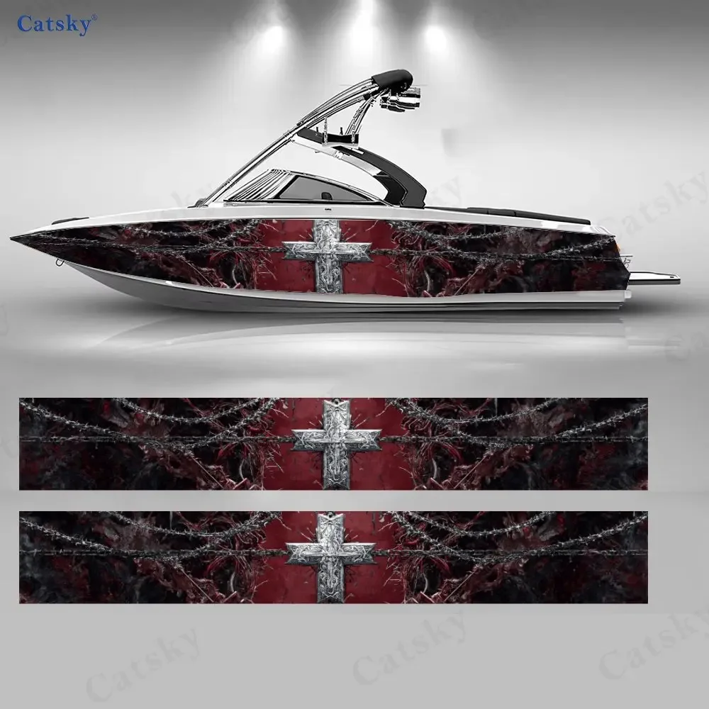 2Pcs Dark Cross Impact Boat Stickers, PVC Waterproof Durable Vinyl Wrap Decals for Fishing Boats, Durable and Stylish Design
