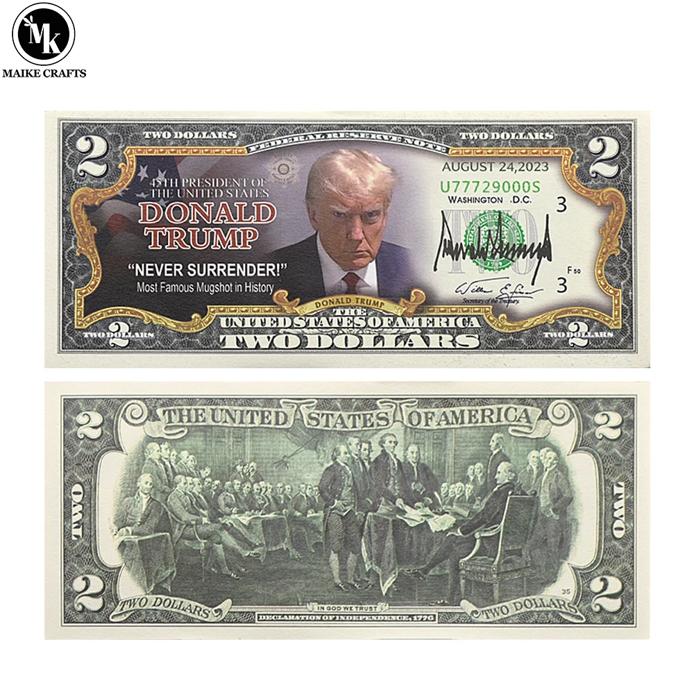 US President Donald Trump Banknote Imentations, Surrounding Head Shot, Two Dollars Paper Money with UV and Serial Number Gifts