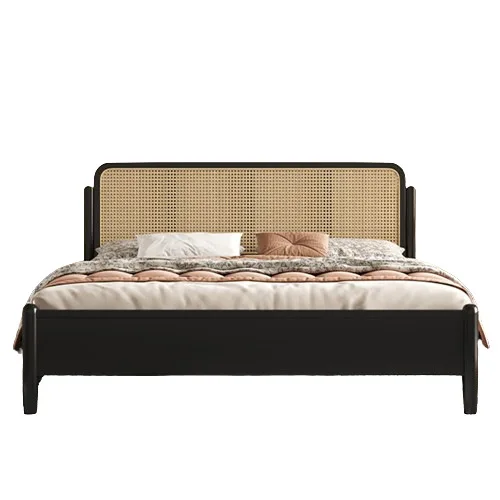 

Rattan black solid wood bed, Nordic retro, double bed small apartment