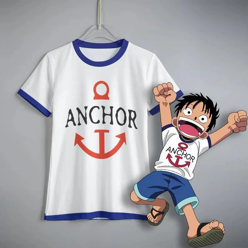 One Piece Kid Luffy Anchor Print Raglan-T-Shirt, Unisex, für Kinder, schnell trocknend, atmungsaktiv, kurzärmelig, modische Streetwear-Sport-Tops – Detail 2
