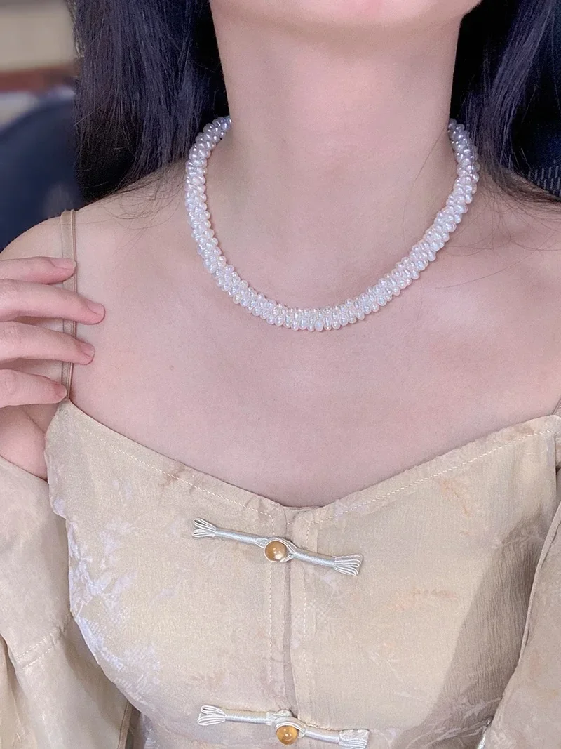 100% Natural Freshwater Pearl Sweater chain bracelet  hand-woven Necklace Bracelet Sets 14K gold filled magnetic buckle 45cm NC