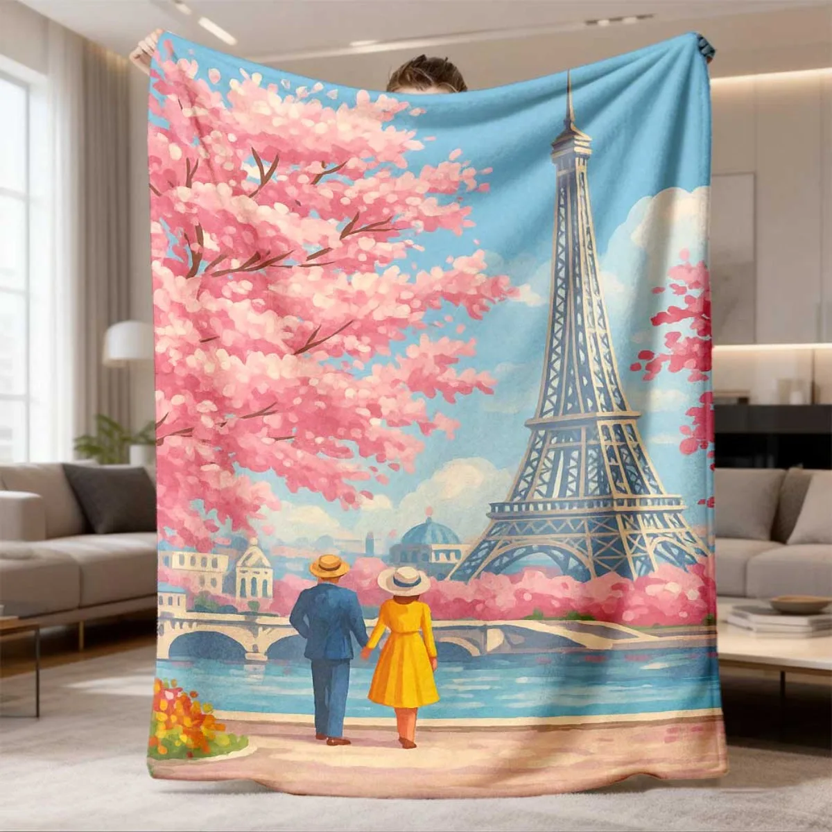 Eiffel Tower Sakura Couple Flannel Blanket Soft Comfortable Throw Blanket Vintage Paris Romantic Landscape Print Blanket