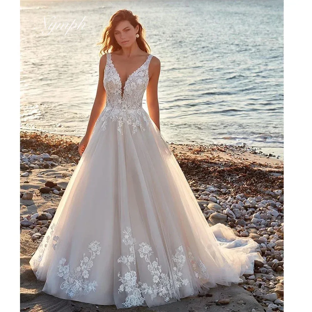 Elegante Applicaties Trouwjurk voor Dames V-hals Mouwloos Kapelsleep Vloerlengte Organza Jurken Formele Feestjurken