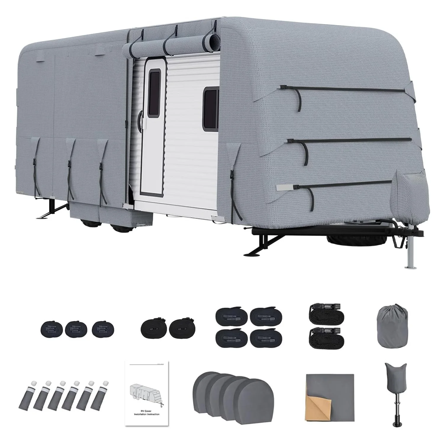 24-27 Ft Heavy-Duty RV Travel Trailer Cover Extra-Thick Waterproof Camper Protection with Reinforced Straps and Tyre Covers